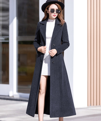 Elegant Black Wool Blend Coat – Button Front Maxi Winter Coat | Xiaolizi  2467