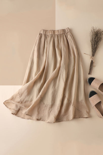 Beige Linen Maxi Skirt - A-Line Silhouette with Elastic Waist 3591