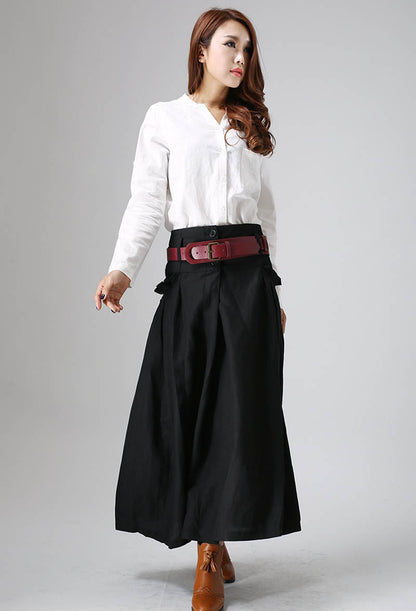 Black Linen Maxi Skirt - Pleated Pockets, Button Front 822