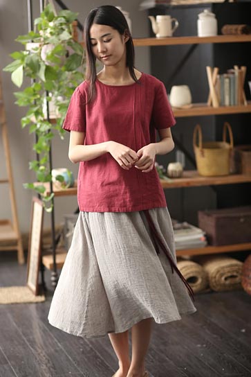 Cotton Linen Short Sleeve Top - Retro Round Neck Loose Fit CYM311