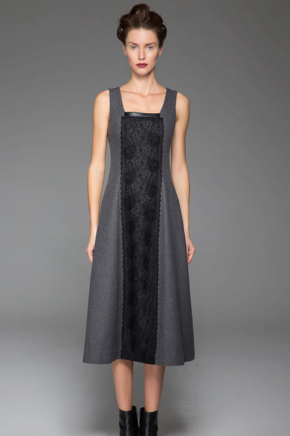 Gray Wool Midi Dress - Slim Fit with Black Lace Stitching 1447