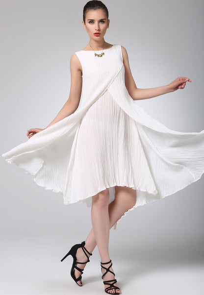 White Linen Dress Mini - Asymmetrical Seam Sleeveless 2335730949