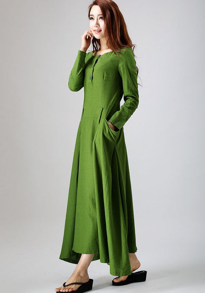 Leaf Green Linen Cotton Blend Maxi Dress - Buttoned Neckline and Pockets 784