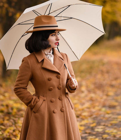 Camel Wool Coat - Double-Breasted, Flared Hem A-Line Swing 2496