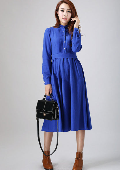 Blue Linen Midi Dress - Pleated Front, Long Sleeve 798