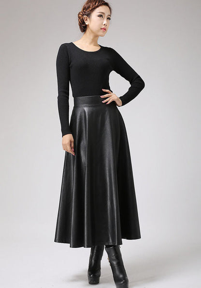 Handmade Black Faux Leather Midi Skirt – Vegan PU A-Line Skirt | Xiaolizi 0719