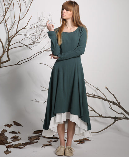 Green Linen Maxi Dress - Pleated Hi Lo Skirt with Chiffon Hem 1134
