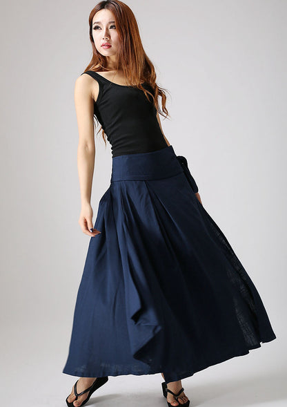 Blue Linen Wrap Skirt - Pleated Waist Tie Belt Ankle Length 874