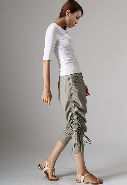 Khaki Cotton Linen Harem Pants - Adjustable Drawstring Detail 980