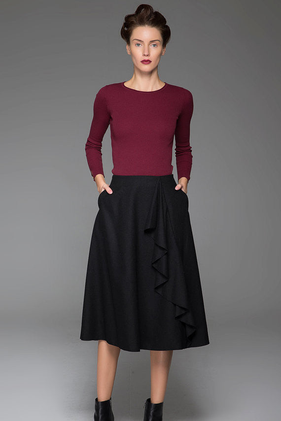 Mysterious Black Wool Skirt With Flower Lace on the Left Front Warm Black Skirt (1438)