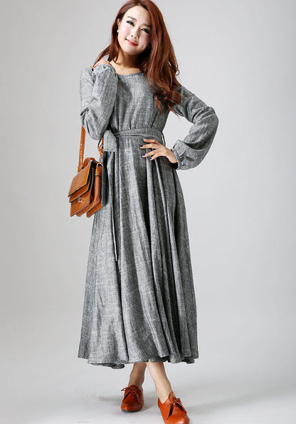 Grey Linen Maxi Dress - Flowy Silhouette with Round Neckline 790