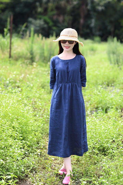 Navy Linen Midi Dress - Loose Waist with Mid Sleeves CYM371