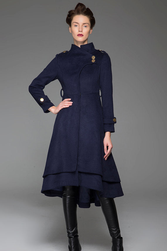 Navy blue wool coat maxi women winter coat 1423#