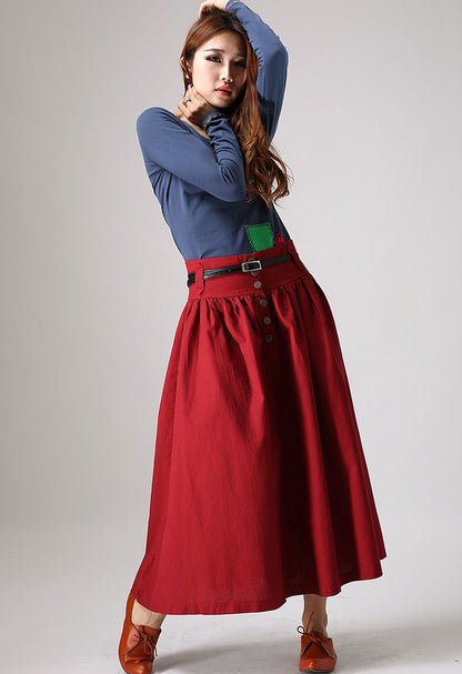 Red Linen Maxi Skirt - Elastic Waist with Front Buttons 876