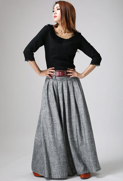 Handmade Gray Linen Maxi Skirt – High Waist Pleated with Pockets 0911