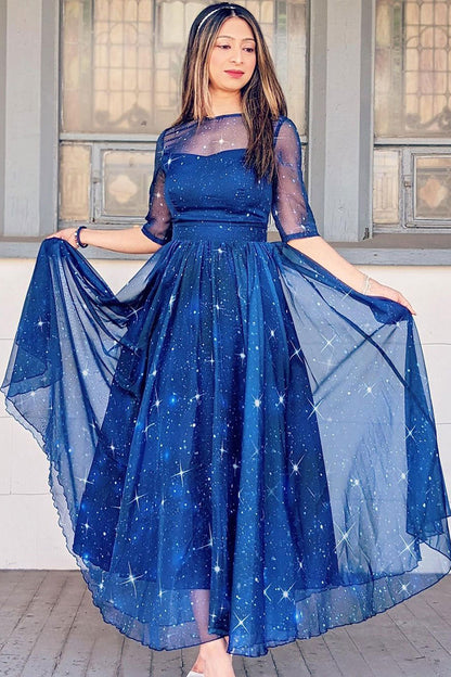 Summer Women Blue Starry Sky Swing Chiffon Midi Dress 2353#