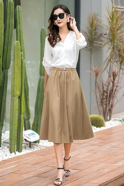 Khaki Polyester Midi Skirt - High Waisted Pleated Detail 3535