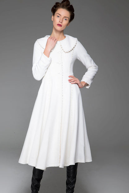 Elegant White Wool Coat – Handmade Vintage Bridal Winter Overcoat | Xiaolizi 1418