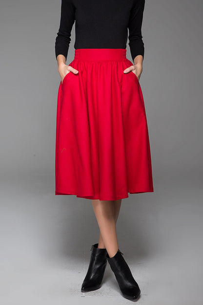 Red Wool Midi Skirt - Elastic Waist with Side Pockets 1430