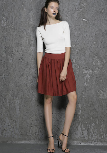 Red Linen Mini Skirt - Flowy Gathered Waist 1334