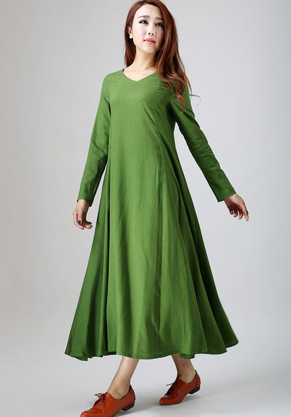 Green Linen Maxi Dress - Relaxed Fit V-Neck Silhouette 789