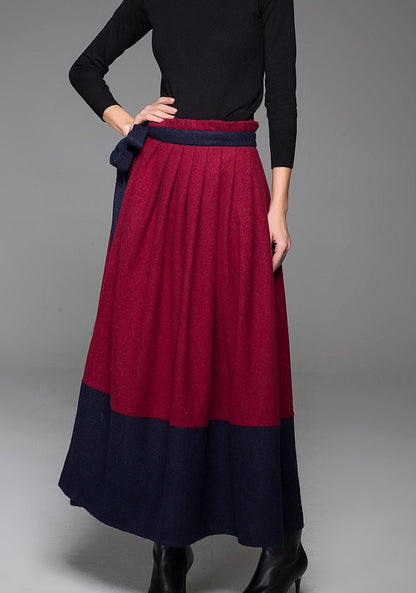 Handmade Wool Wrap Maxi Skirt – Wine Red Color-Block with Pockets | Xiaolizi 1429