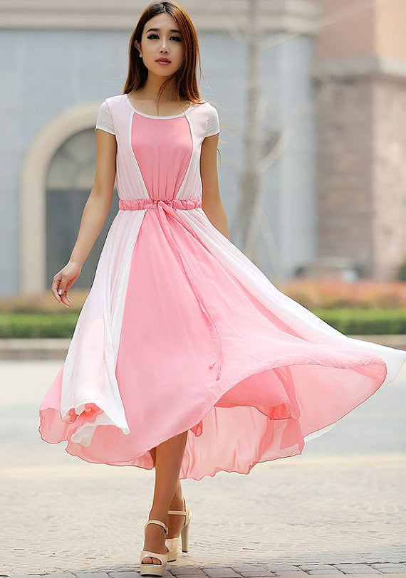 Pink Chiffon Maxi Dress - A-Line Wedding Bridesmaid | Xiaolizi 925 - Pink / XS Pink Chiffon Maxi Dress - A-Line Wedding Bridesmaid | Xiaolizi 925 - Pink / XS