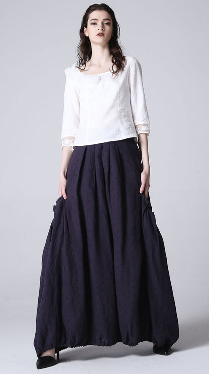 Navy Linen Maxi Skirt - Pleated with Pockets 1191