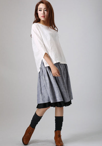 Gray Linen Cotton Blend Midi Skirt - Pleated Waist with Black Layered Hem 777