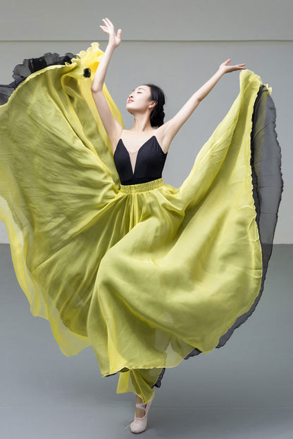 Yellow Chiffon Big Swing Midi Skirt - Reversible Elastic Waist 2928
