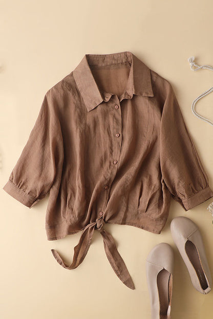 Apricot Linen Shirt Top - Loose Fit 3/4 Sleeve | Xiaolizi 3601