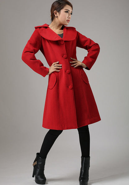 Red Wool Winter Coat – Vintage Midi Coat with Wide Collar | Xiaolizi 726