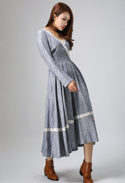 Gray Linen Maxi Dress - Long Sleeve with Lace Detail 807