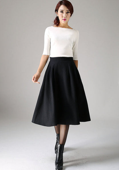 Black Pleated Midi Skirt – Handmade Wool Blend Winter Classic | Xiaolizi 1087