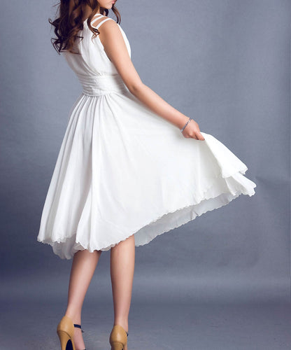 White Chiffon Midi Dress - V-Neck Sleeveless High Waist 99
