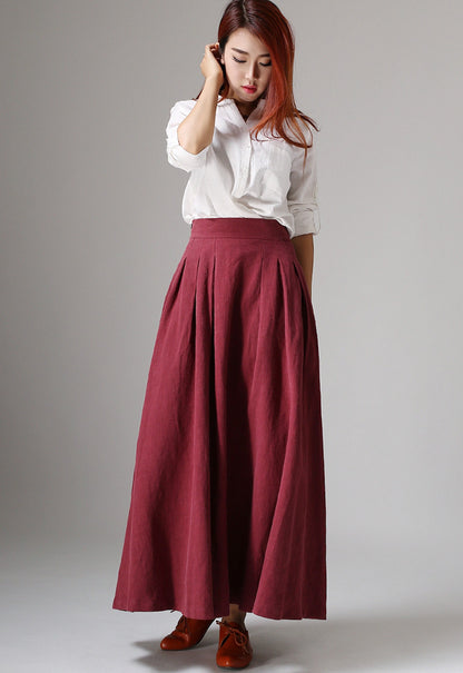 Burgundy Linen Cotton Maxi Skirt - Pleated A-Line with Pockets 1048