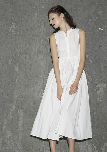 White Cotton Sleeveless Midi Dress with Elastic Waist and Buttons