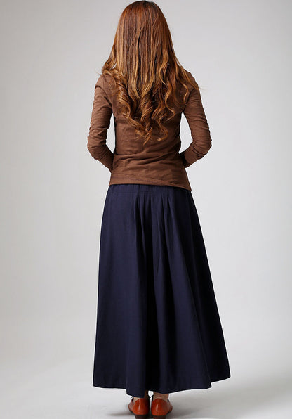 Handmade Blue Linen Maxi Skirt – Elastic Waist Long Skirt with Pockets | Xiaolizi 900