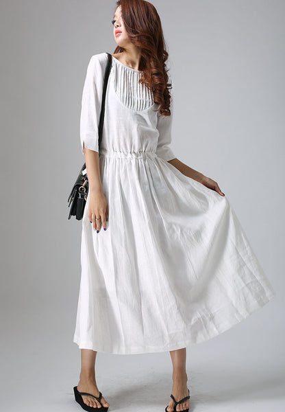 White Linen Cotton Maxi Dress - Pleated Front with Adjustable Waist 803