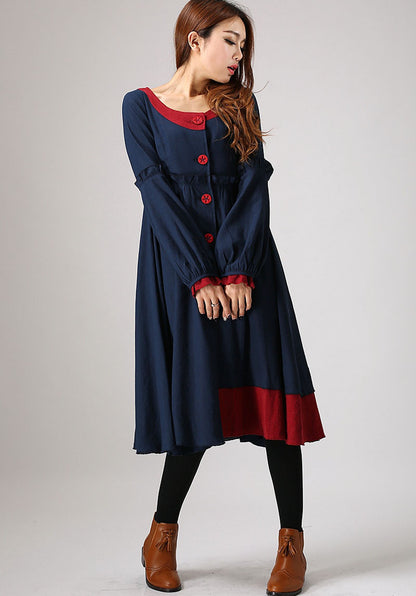 Handmade Patchwork Linen Dress – Navy and Red Long Sleeve Vintage Dress | Xiaolizi 884