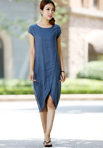 Blue Linen Dress - Cap Sleeve, Irregular Hem 1015