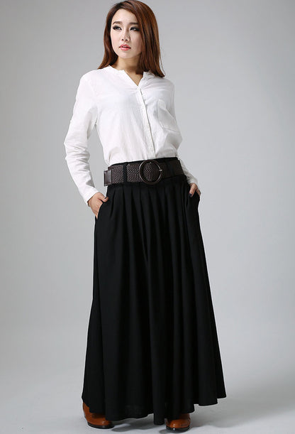 Handmade Black Maxi Skirt – Pleated A-Line Skirt with Pockets | Xiaolizi 0904