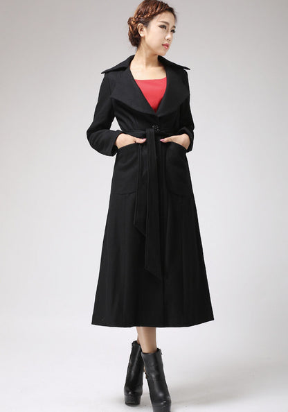 Handmade Black Wool Blend Coat – Elegant Long Winter Overcoat with Unique Collar | Xiaolizi  0704