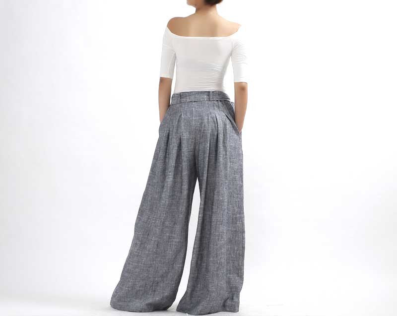 Wide Leg Pants - Gray Linen palazzo Pants with self tie belt 308