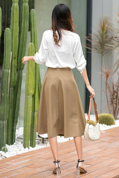 Khaki Polyester Midi Skirt - High Waisted Pleated Detail 3535