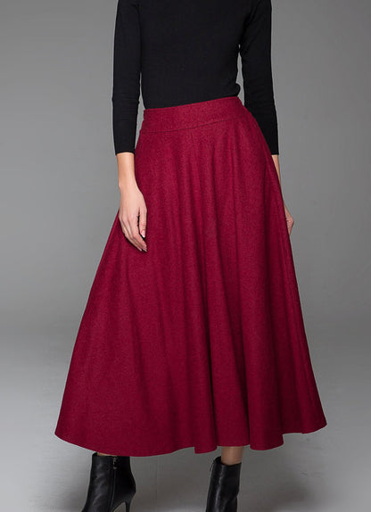 Wine Red Wool Midi Skirt - Flared, Warm Winter Essential 1435