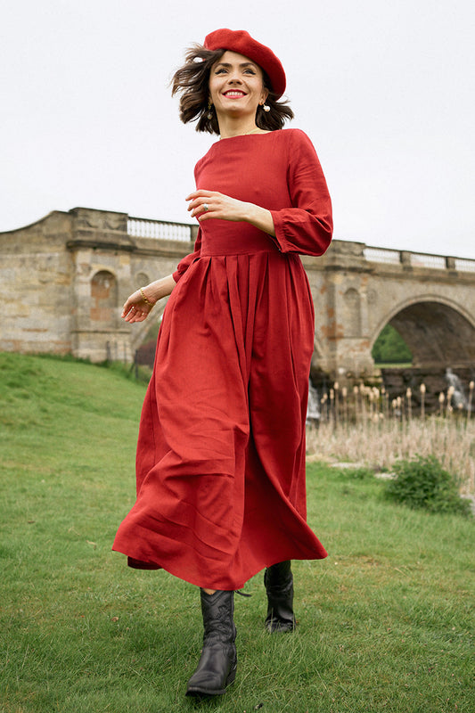 Women A Line Red Pleated Maxi Linen Dress 3576