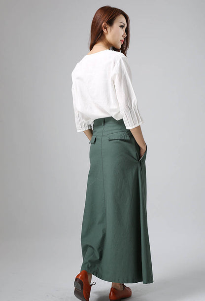 Green Linen Cotton Blend Long Pleated Skirt - Ankle Length with Pockets 813