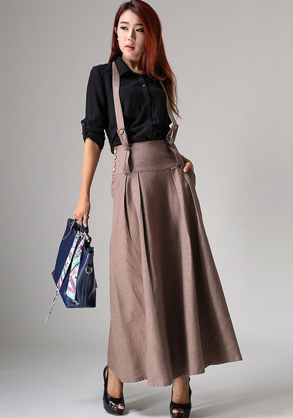 Beige Linen Maxi Skirt - Suspender Detail with Pockets 1033