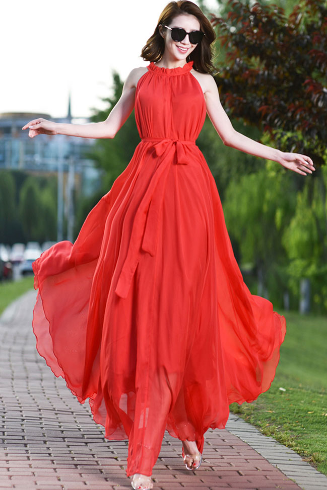 Red Halter Maxi Swing Chiffon Dress 2923